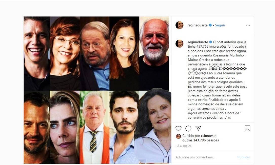 Depois de polêmica, Regina Duarte apaga post com fotos de atores